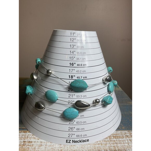 Turquoise & Silver Tone Multi-Strand Beaded Necklace Adjustable Length - Picture 4 of 4